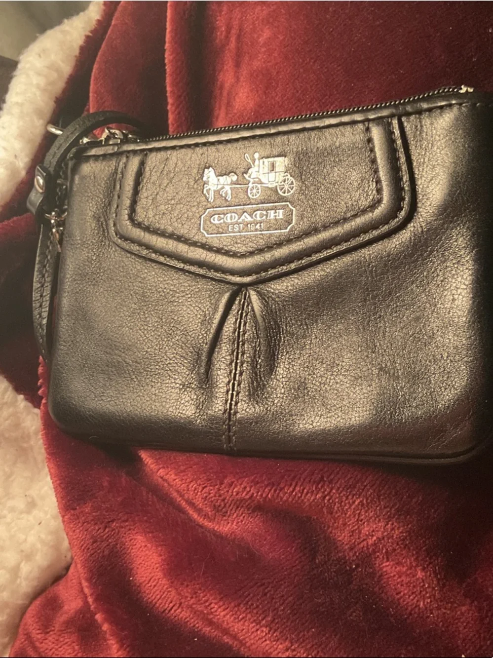 Coach Black Leather Wristlet with Silver Coach Horse & Carriage Logo
